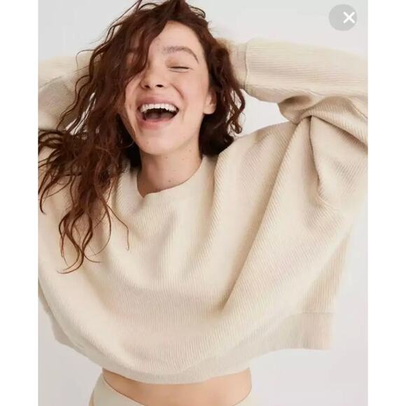 AERIE Love Corded Cropped Crewneck Sweatshirt Tan XXL - Picture 1 of 9